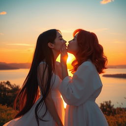 Two girls in a romantic sunset scene: one with fair skin and long, silky black hair wearing a beautiful flowing dress, and the other with a mixed heritage of Korean and French, featuring stunning red hair styled in soft waves