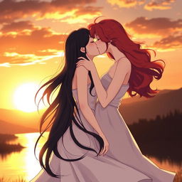 Two girls in a romantic sunset scene: one with fair skin and long, silky black hair wearing a beautiful flowing dress, and the other with a mixed heritage of Korean and French, featuring stunning red hair styled in soft waves