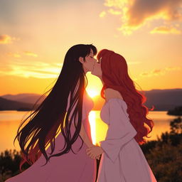 Two girls in a romantic sunset scene: one with fair skin and long, silky black hair wearing a beautiful flowing dress, and the other with a mixed heritage of Korean and French, featuring stunning red hair styled in soft waves