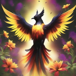 A majestic creature that is a fusion of a phoenix and a bee, with the fiery wings of the phoenix and the distinctive black and yellow body of the bee