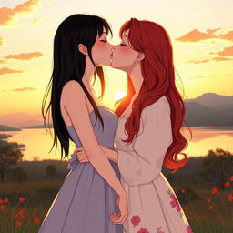 Two girls in a romantic sunset scene: one with fair skin and long, silky black hair wearing a beautiful flowing dress, and the other with a mixed heritage of Korean and French, featuring stunning red hair styled in soft waves