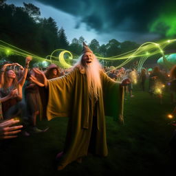 Gandalf the wizard exuberantly partying at a vibrant outdoor rave on lush, green grassland, with a backdrop of psychedelic lights and joyful crowd.