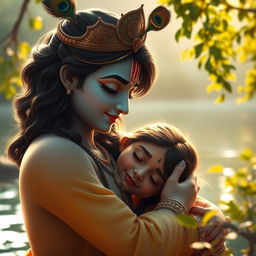 A serene and intimate moment showing a girl resting her head on Lord Krishna's shoulder