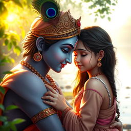 A serene and intimate moment showing a girl resting her head on Lord Krishna's shoulder