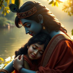 A serene and intimate moment showing a girl resting her head on Lord Krishna's shoulder