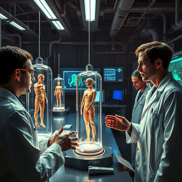 A surreal and thought-provoking scene depicting human experiments in a laboratory setting