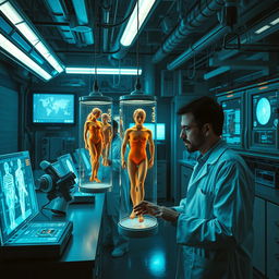 A surreal and thought-provoking scene depicting human experiments in a laboratory setting