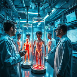 A surreal and thought-provoking scene depicting human experiments in a laboratory setting