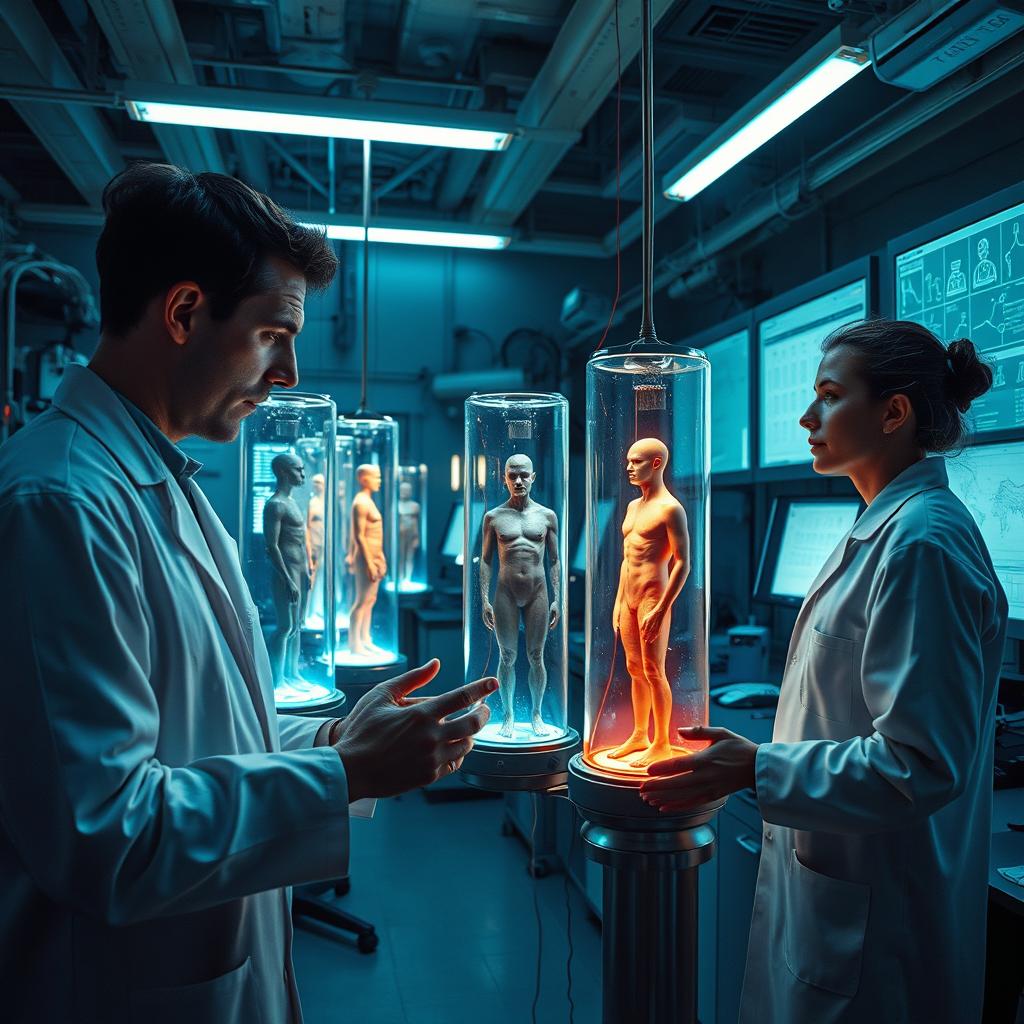 A surreal and thought-provoking scene depicting human experiments in a laboratory setting