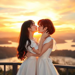 Two girls in a romantic sunset scene: one with fair skin and long, silky black hair wearing a beautiful white dress, and the other with short red hair, showcasing her mixed Korean and French heritage, also dressed in an elegant white dress
