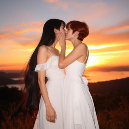 Two girls in a romantic sunset scene: one with fair skin and long, silky black hair wearing a beautiful white dress, and the other with short red hair, showcasing her mixed Korean and French heritage, also dressed in an elegant white dress