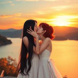 Two girls in a romantic sunset scene: one with fair skin and long, silky black hair wearing a beautiful white dress, and the other with short red hair, showcasing her mixed Korean and French heritage, also dressed in an elegant white dress