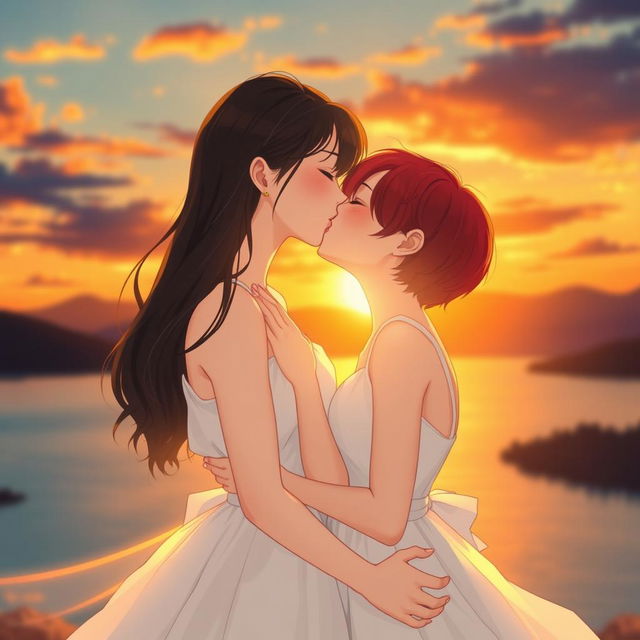 Two girls in a romantic sunset scene: one with fair skin and long, silky black hair wearing a beautiful white dress, and the other with short red hair, showcasing her mixed Korean and French heritage, also dressed in an elegant white dress