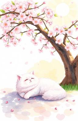 A serene scene featuring a fluffy white cat lounging comfortably under a blooming cherry tree, surrounded by delicate pink cherry blossoms