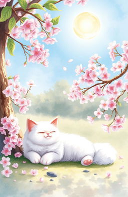 A serene scene featuring a fluffy white cat lounging comfortably under a blooming cherry tree, surrounded by delicate pink cherry blossoms
