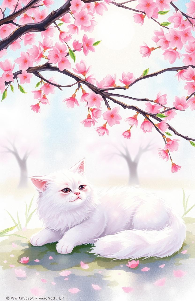 A serene scene featuring a fluffy white cat lounging comfortably under a blooming cherry tree, surrounded by delicate pink cherry blossoms