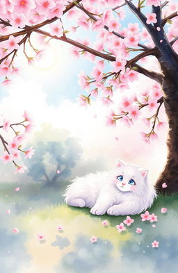 A serene scene featuring a fluffy white cat lounging comfortably under a blooming cherry tree, surrounded by delicate pink cherry blossoms