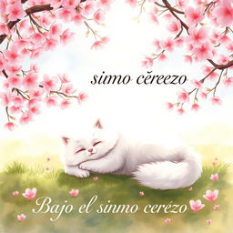 A serene scene featuring a fluffy white cat lounging comfortably under a blooming cherry tree, surrounded by delicate pink cherry blossoms