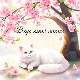 A serene scene featuring a fluffy white cat lounging comfortably under a blooming cherry tree, surrounded by delicate pink cherry blossoms