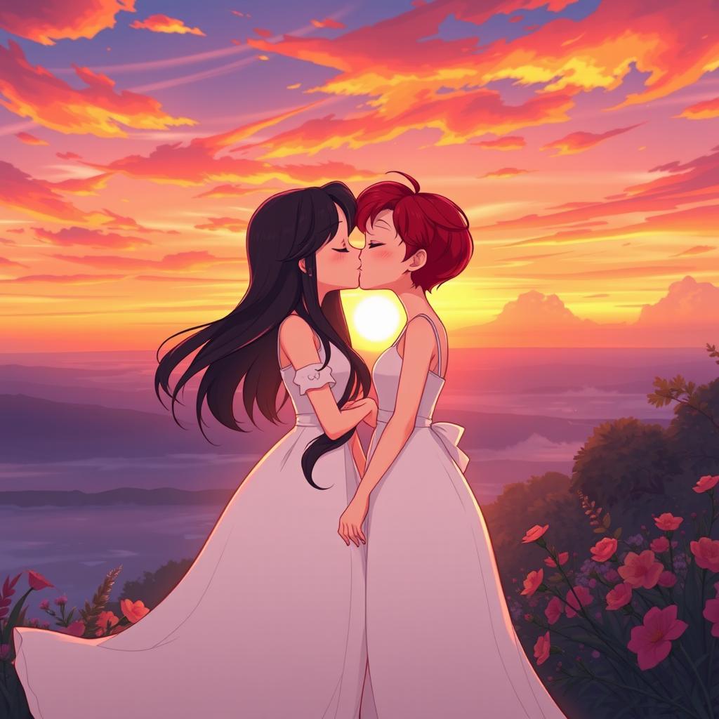 In a beautifully animated sunset scene, two girls are portrayed as a loving couple: one with fair skin and long, silky black hair wearing a delicate white dress, and the other with short, vibrant red hair representing her mixed Korean and French heritage, also adorned in an elegant white dress