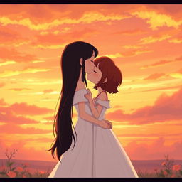 In a beautifully animated sunset scene, two girls are portrayed as a loving couple: one with fair skin and long, silky black hair wearing a delicate white dress, and the other with short, vibrant red hair representing her mixed Korean and French heritage, also adorned in an elegant white dress