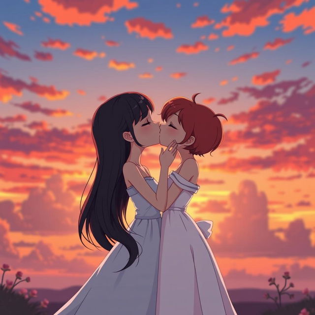 In a beautifully animated sunset scene, two girls are portrayed as a loving couple: one with fair skin and long, silky black hair wearing a delicate white dress, and the other with short, vibrant red hair representing her mixed Korean and French heritage, also adorned in an elegant white dress