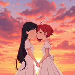 In a beautifully animated sunset scene, two girls are portrayed as a loving couple: one with fair skin and long, silky black hair wearing a delicate white dress, and the other with short, vibrant red hair representing her mixed Korean and French heritage, also adorned in an elegant white dress