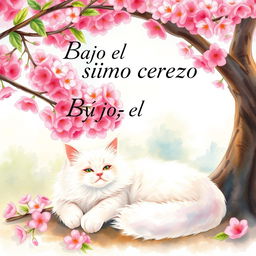 A serene scene featuring a fluffy white cat lounging comfortably under a blooming cherry tree, with vibrant pink blossoms gently scattered around