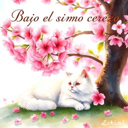A serene scene featuring a fluffy white cat lounging comfortably under a blooming cherry tree, with vibrant pink blossoms gently scattered around
