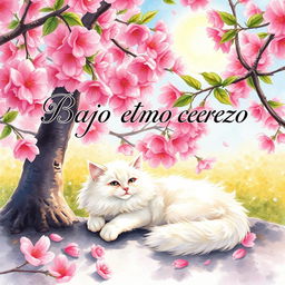A serene scene featuring a fluffy white cat lounging comfortably under a blooming cherry tree, with vibrant pink blossoms gently scattered around