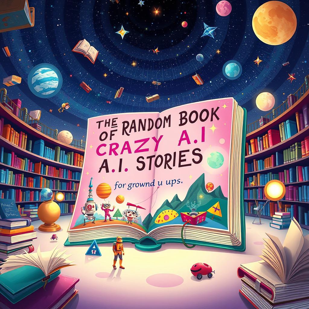 A whimsical illustration of a giant, colorful book titled 'The Random Book of Crazy A