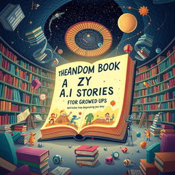A whimsical illustration of a giant, colorful book titled 'The Random Book of Crazy A