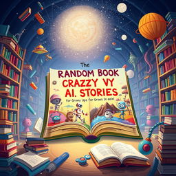 A whimsical illustration of a giant, colorful book titled 'The Random Book of Crazy A