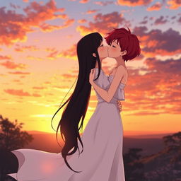 In a semi-realistic animated sunset scene, two girls are depicted as a loving couple: one with fair skin and long, silky black hair elegantly styled, wearing a beautiful flowing white dress, and the other with short, vibrant red hair representing her mixed Korean and French heritage, also in a lovely white dress