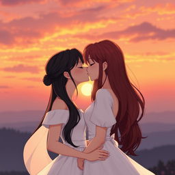 In a semi-realistic animated sunset scene, two girls are depicted as a loving couple: one with fair skin and long, silky black hair elegantly styled, wearing a beautiful flowing white dress, and the other with short, vibrant red hair representing her mixed Korean and French heritage, also in a lovely white dress