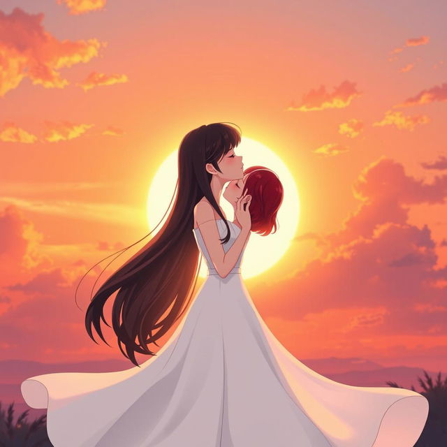 In a semi-realistic animated sunset scene, two girls are depicted as a loving couple: one with fair skin and long, silky black hair elegantly styled, wearing a beautiful flowing white dress, and the other with short, vibrant red hair representing her mixed Korean and French heritage, also in a lovely white dress