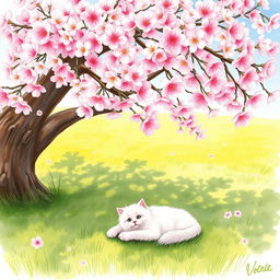 A charming scene portraying a small, fluffy white cat comfortably lying under a fully bloomed cherry tree on a sunny day