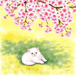 A charming scene portraying a small, fluffy white cat comfortably lying under a fully bloomed cherry tree on a sunny day