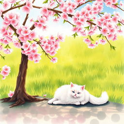 A charming scene portraying a small, fluffy white cat comfortably lying under a fully bloomed cherry tree on a sunny day
