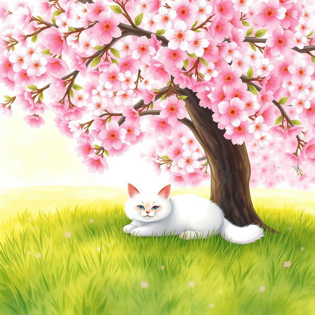 A charming scene portraying a small, fluffy white cat comfortably lying under a fully bloomed cherry tree on a sunny day