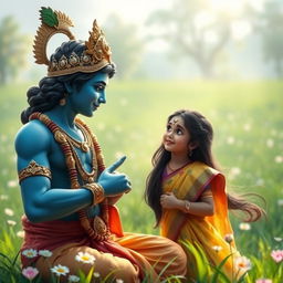 A serene scene depicting Lord Krishna, with his divine blue complexion and ornate golden crown, engaged in a thoughtful conversation with a young Hindu girl dressed in a colorful traditional saree