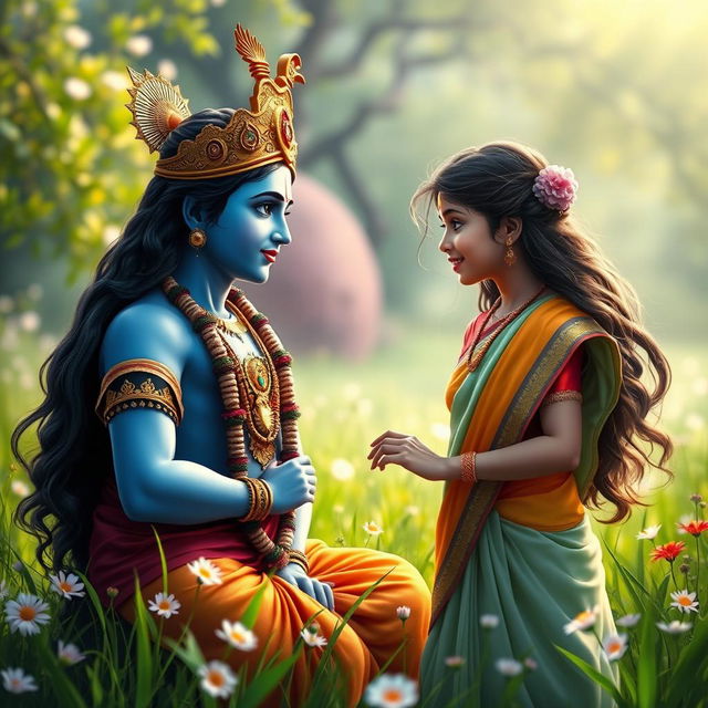 A serene scene depicting Lord Krishna, with his divine blue complexion and ornate golden crown, engaged in a thoughtful conversation with a young Hindu girl dressed in a colorful traditional saree