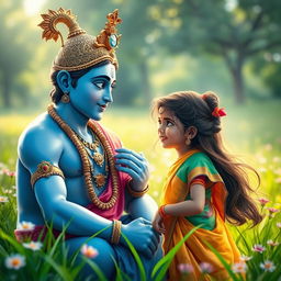 A serene scene depicting Lord Krishna, with his divine blue complexion and ornate golden crown, engaged in a thoughtful conversation with a young Hindu girl dressed in a colorful traditional saree