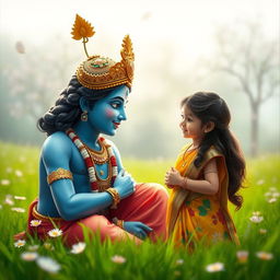 A serene scene depicting Lord Krishna, with his divine blue complexion and ornate golden crown, engaged in a thoughtful conversation with a young Hindu girl dressed in a colorful traditional saree