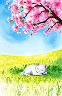 A very small white cat peacefully lying under a lush cherry tree on a sunny day
