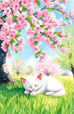 A very small white cat peacefully lying under a lush cherry tree on a sunny day