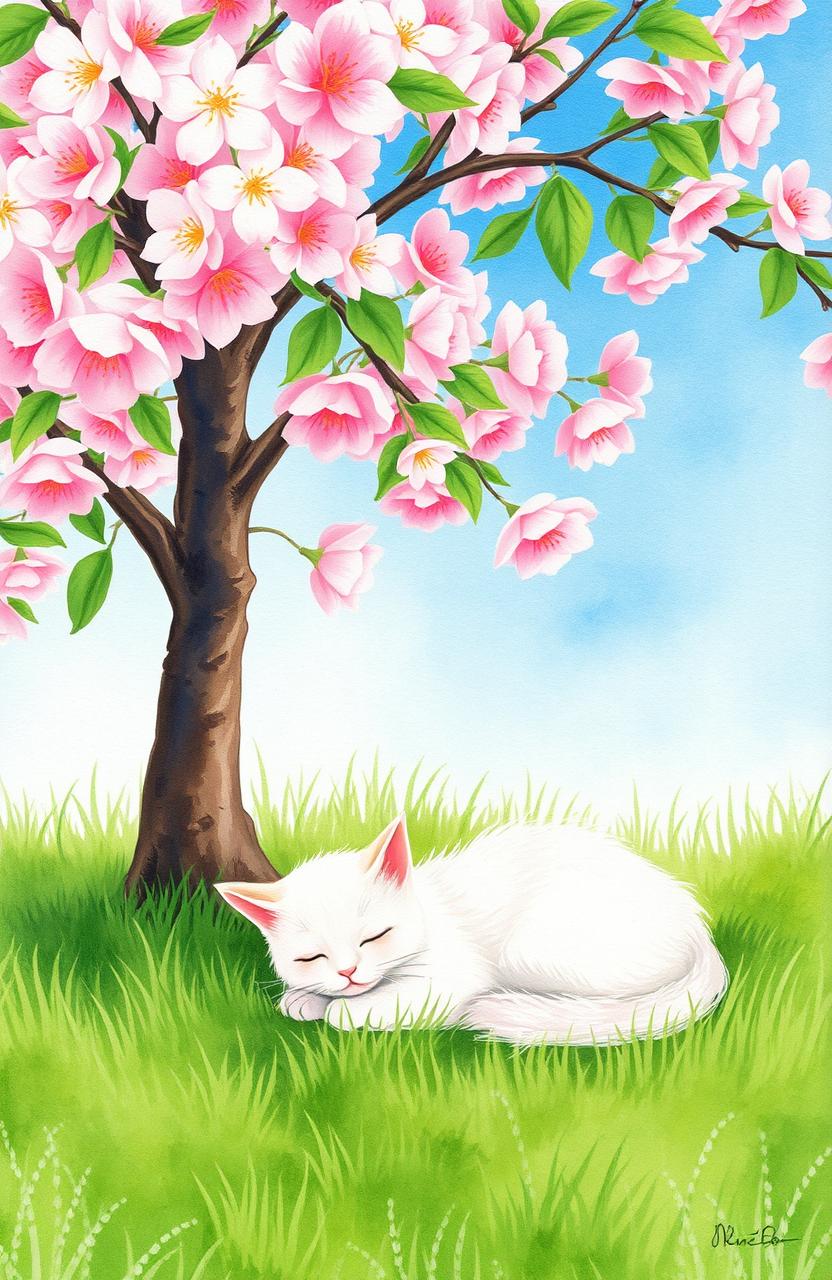 A very small white cat peacefully lying under a lush cherry tree on a sunny day