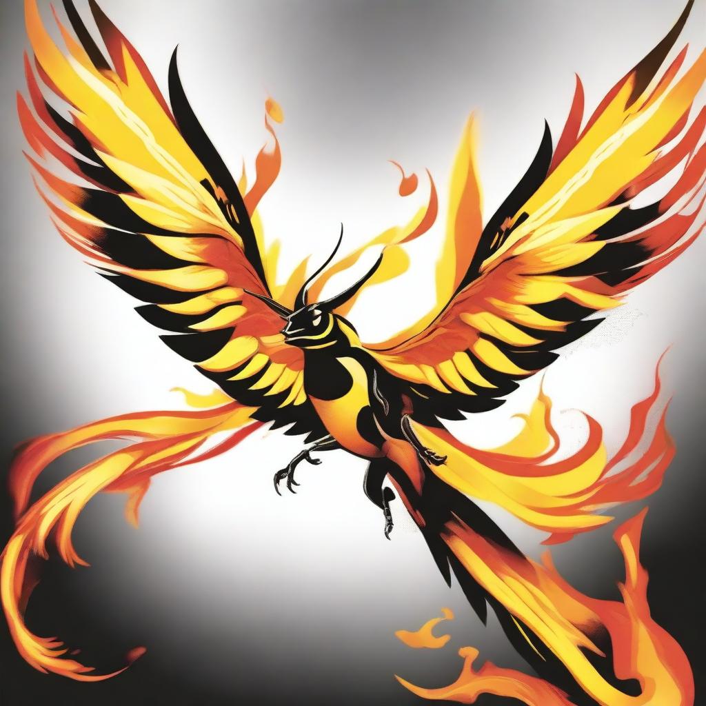 A dynamic scene showcasing a vibrant hornet and a flaming phoenix in interaction