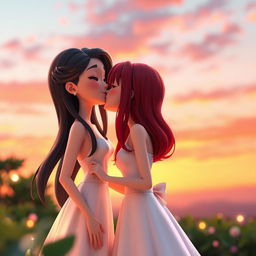 In a vibrant 3D animated sunset scene, two girls are depicted as a romantic couple: one with fair skin and long, silky black hair dressed in an elegant white dress, and the other with short, striking red hair representing her mixed Korean and French heritage, also in a beautiful white dress