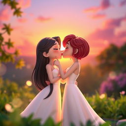 In a vibrant 3D animated sunset scene, two girls are depicted as a romantic couple: one with fair skin and long, silky black hair dressed in an elegant white dress, and the other with short, striking red hair representing her mixed Korean and French heritage, also in a beautiful white dress